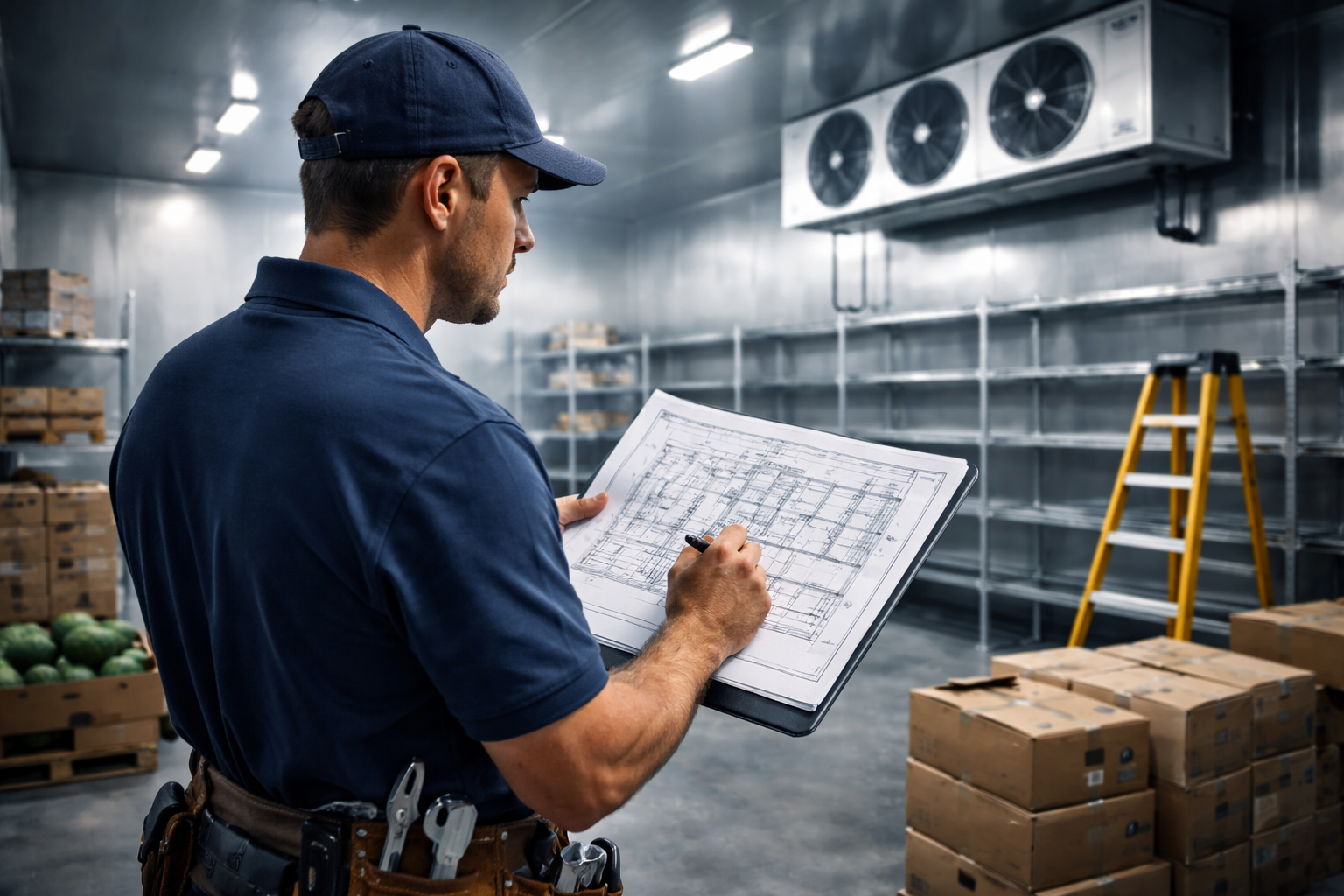 Technician planning a commercial cold-storage installation
